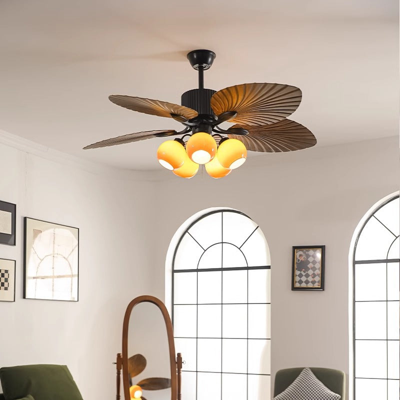 BS-Lighting-LA01272-2-f3051dbf-a747-4a61-ab68-d15a05b9aa72.jpg Traditional French Banana Leaves ABS Fan Round Glass Lampshade Iron 5 - Light Downrods Ceiling Fan Light For Living Room - Image 1