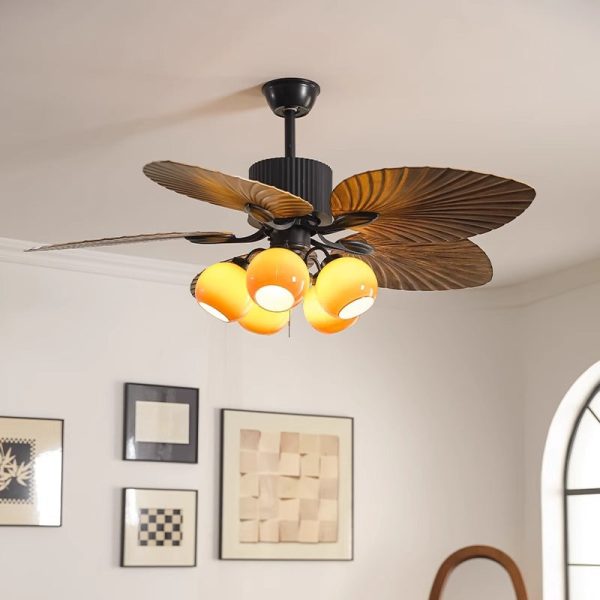 Traditional French Banana Leaves ABS Fan Round Glass Lampshade Iron 5 - Light Downrods Ceiling Fan Light For Living Room - Image 17