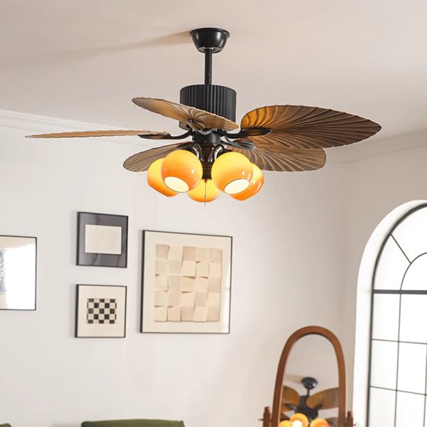 Traditional French Banana Leaves ABS Fan Round Glass Lampshade Iron 5 - Light Downrods Ceiling Fan Light For Living Room - Image 2