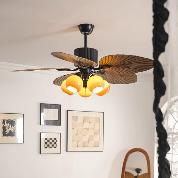 Traditional French Banana Leaves ABS Fan Round Glass Lampshade Iron 5 - Light Downrods Ceiling Fan Light For Living Room - Image 16