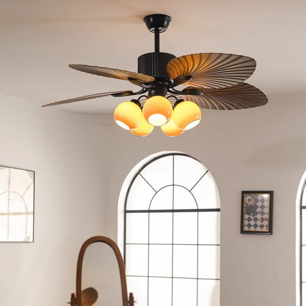 Traditional French Banana Leaves ABS Fan Round Glass Lampshade Iron 5 - Light Downrods Ceiling Fan Light For Living Room - Image 3