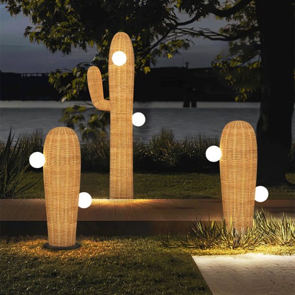 Contemporary Creative Cactus Waterproof Rubber Rattan Stainless Steel 2 - Light Standing Floor Lamp For Outdoor Patio