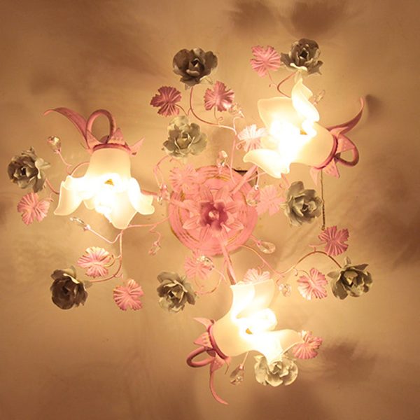 Contemporary Nordic Dome Branches Flowers Glass Crystal Iron 3 - Light Semi-Flush Mount Ceiling Light For Bedroom - Image 9