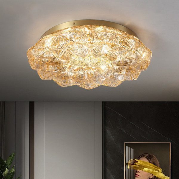 Contemporary Luxury Lotus Shape Stainless Steel Gold Leaf Copper Resin LED Semi-Flush Mount Ceiling Light For Living Room - Image 19