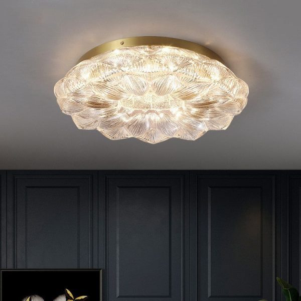 Contemporary Luxury Lotus Shape Stainless Steel Gold Leaf Copper Resin LED Semi-Flush Mount Ceiling Light For Living Room - Image 14