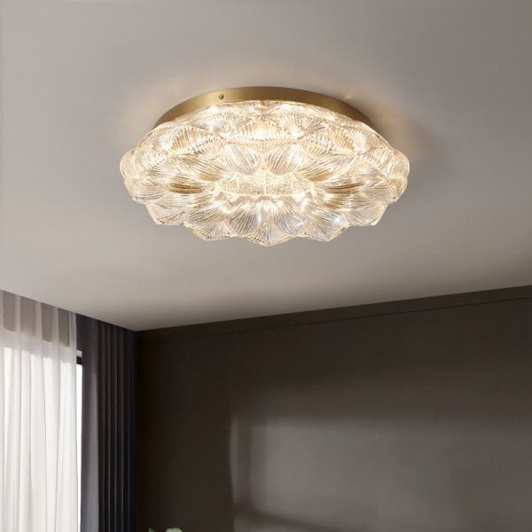 Contemporary Luxury Lotus Shape Stainless Steel Gold Leaf Copper Resin LED Semi-Flush Mount Ceiling Light For Living Room - Image 2