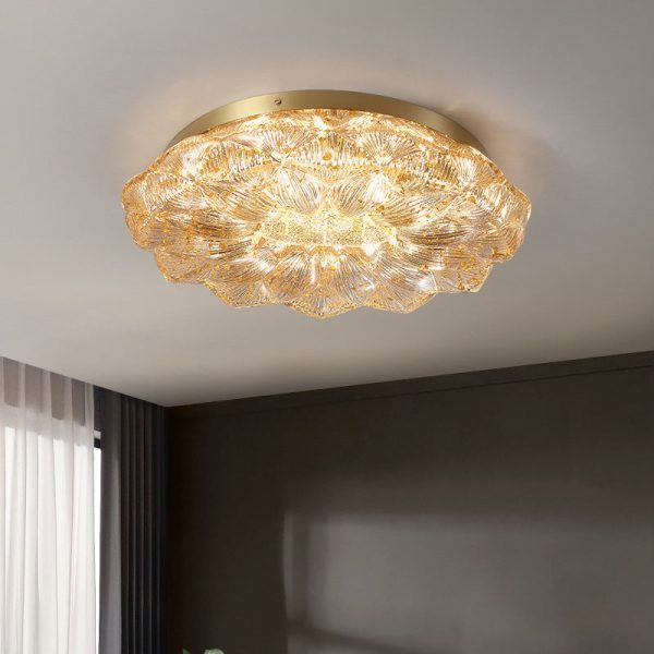 Contemporary Luxury Lotus Shape Stainless Steel Gold Leaf Copper Resin LED Semi-Flush Mount Ceiling Light For Living Room - Image 18