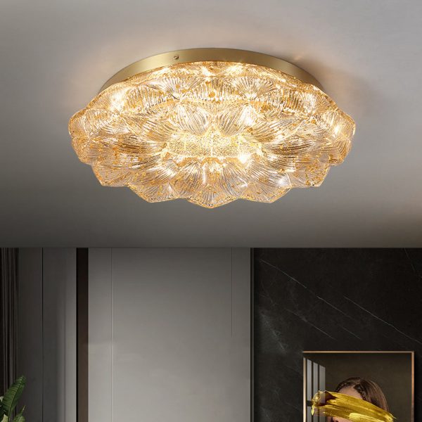 Contemporary Luxury Lotus Shape Stainless Steel Gold Leaf Copper Resin LED Semi-Flush Mount Ceiling Light For Living Room - Image 3