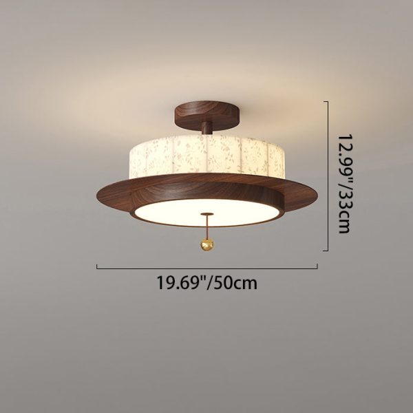 Traditional French Round Cylinder Flower Print Iron Fabric Wood LED Semi-Flush Mount Ceiling Light For Bedroom - Image 4