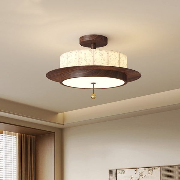 Traditional French Round Cylinder Flower Print Iron Fabric Wood LED Semi-Flush Mount Ceiling Light For Bedroom - Image 9