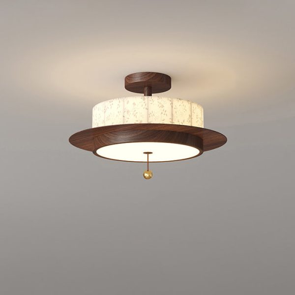 Traditional French Round Cylinder Flower Print Iron Fabric Wood LED Semi-Flush Mount Ceiling Light For Bedroom - Image 10
