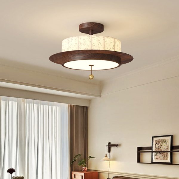Traditional French Round Cylinder Flower Print Iron Fabric Wood LED Semi-Flush Mount Ceiling Light For Bedroom - Image 2