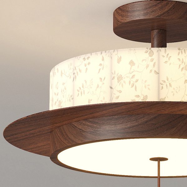 Traditional French Round Cylinder Flower Print Iron Fabric Wood LED Semi-Flush Mount Ceiling Light For Bedroom - Image 5