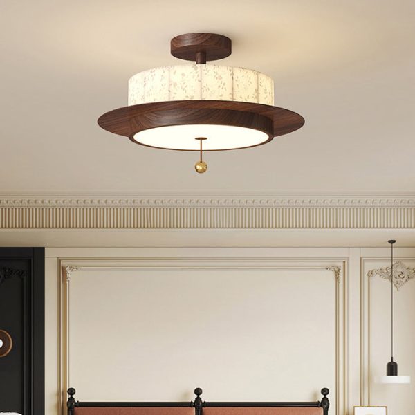 Traditional French Round Cylinder Flower Print Iron Fabric Wood LED Semi-Flush Mount Ceiling Light For Bedroom - Image 3