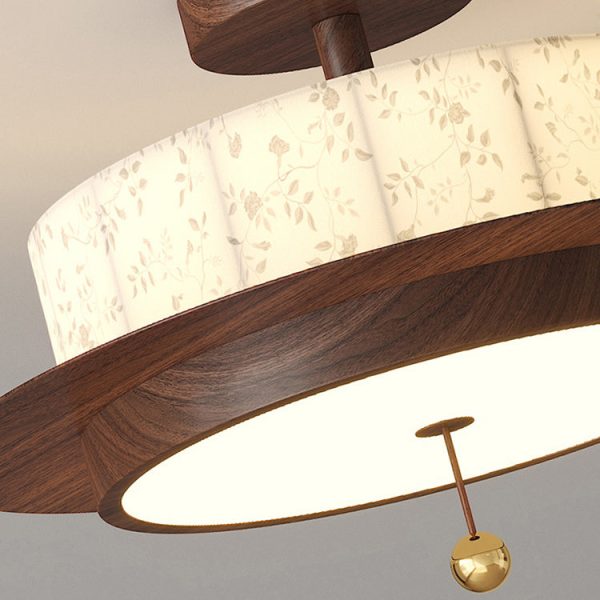 Traditional French Round Cylinder Flower Print Iron Fabric Wood LED Semi-Flush Mount Ceiling Light For Bedroom - Image 6