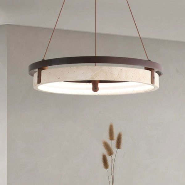 Traditional Japanese Round Yellow Travertine Walnut LED Chandelier For Dining Room - Image 15