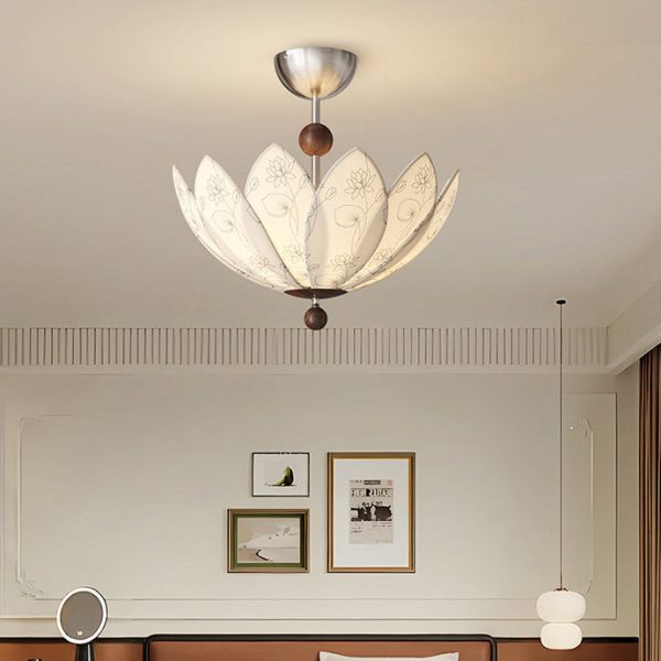 Traditional French Semicircular Bud Fabric Iron Wood 3 - Light Semi-Flush Mount Ceiling Light For Living Room - Image 11