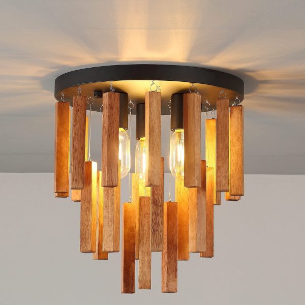 Traditional Rustic Round Wooden Stick 3 - Light Semi-Flush Mount Ceiling Light For Living Room - Image 9