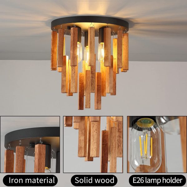 Traditional Rustic Round Wooden Stick 3 - Light Semi-Flush Mount Ceiling Light For Living Room - Image 6