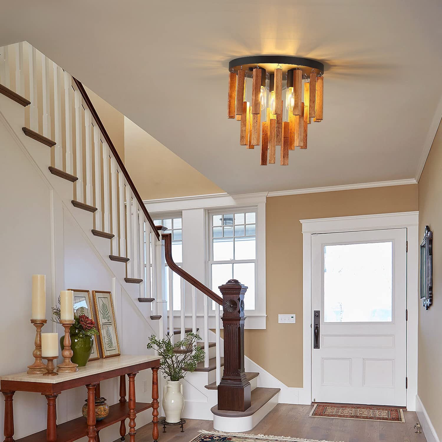 BS-Lighting-LA01488-2.jpg Traditional Rustic Round Wooden Stick 3 - Light Semi-Flush Mount Ceiling Light For Living Room - Image 1