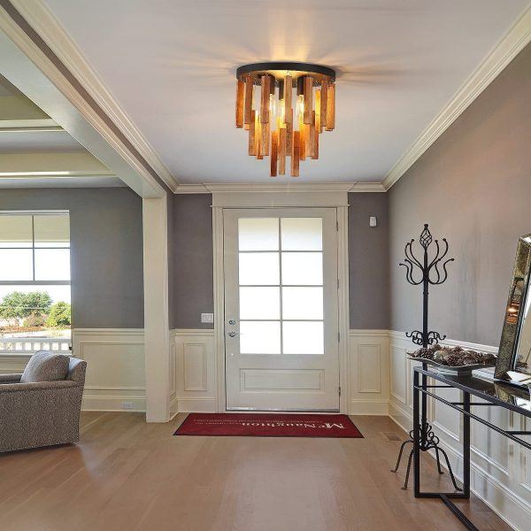 Traditional Rustic Round Wooden Stick 3 - Light Semi-Flush Mount Ceiling Light For Living Room - Image 2