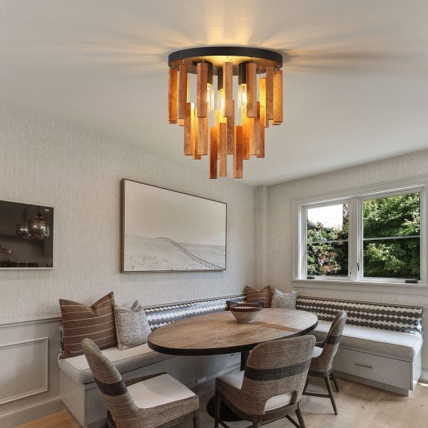 Traditional Rustic Round Wooden Stick 3 - Light Semi-Flush Mount Ceiling Light For Living Room - Image 3
