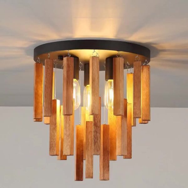 Traditional Rustic Round Wooden Stick 3 - Light Semi-Flush Mount Ceiling Light For Living Room - Image 8