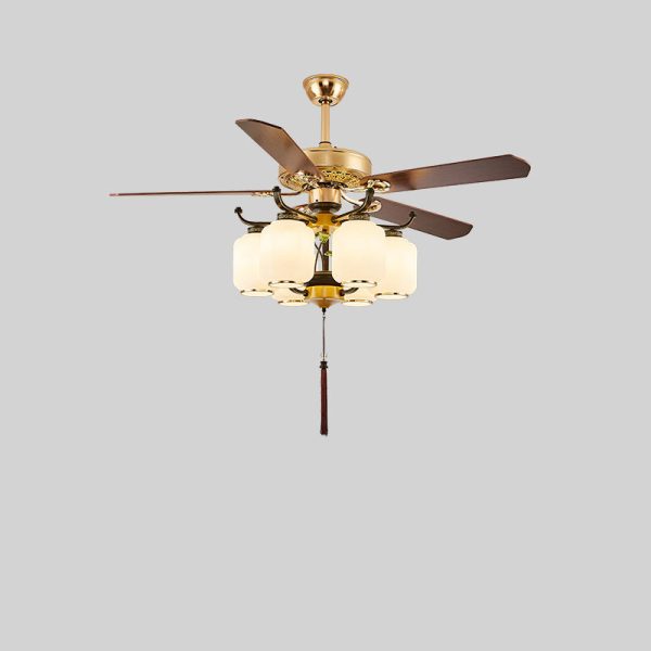 Traditional Chinese Round Lantern Iron Wood Fan Leaf Glass Shade 3/6 Light Downrod Ceiling Fan Light For Living Room - Image 16