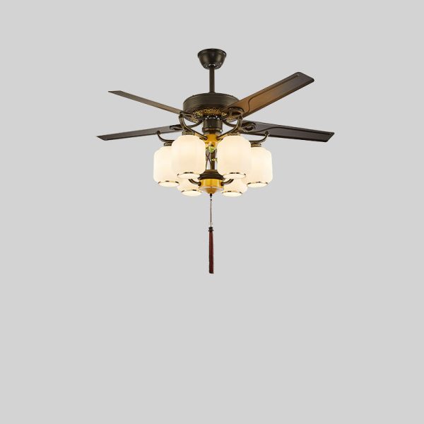 Traditional Chinese Round Lantern Iron Wood Fan Leaf Glass Shade 3/6 Light Downrod Ceiling Fan Light For Living Room - Image 25