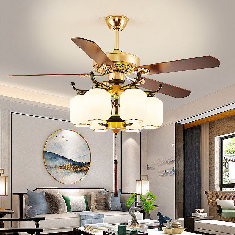 BS-Lighting-LC02986-22.jpg Traditional Chinese Round Lantern Iron Wood Fan Leaf Glass Shade 3/6 Light Downrod Ceiling Fan Light For Living Room - Image 1