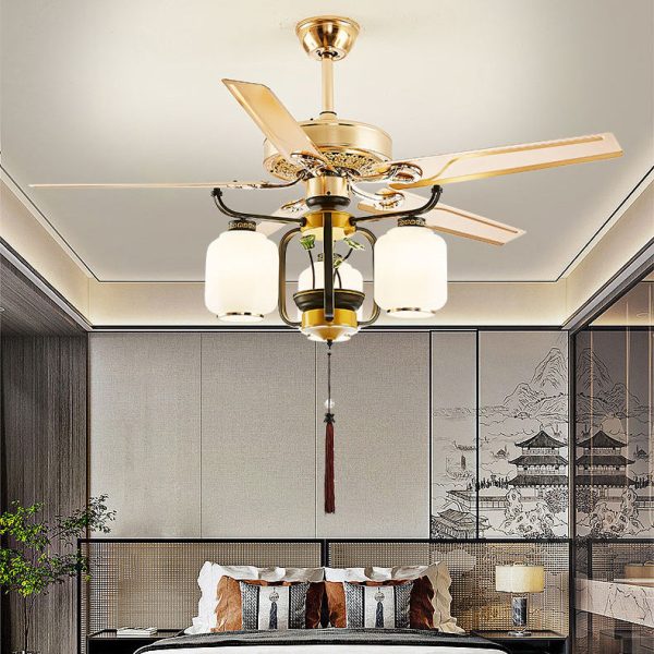 Traditional Chinese Round Lantern Iron Wood Fan Leaf Glass Shade 3/6 Light Downrod Ceiling Fan Light For Living Room - Image 2