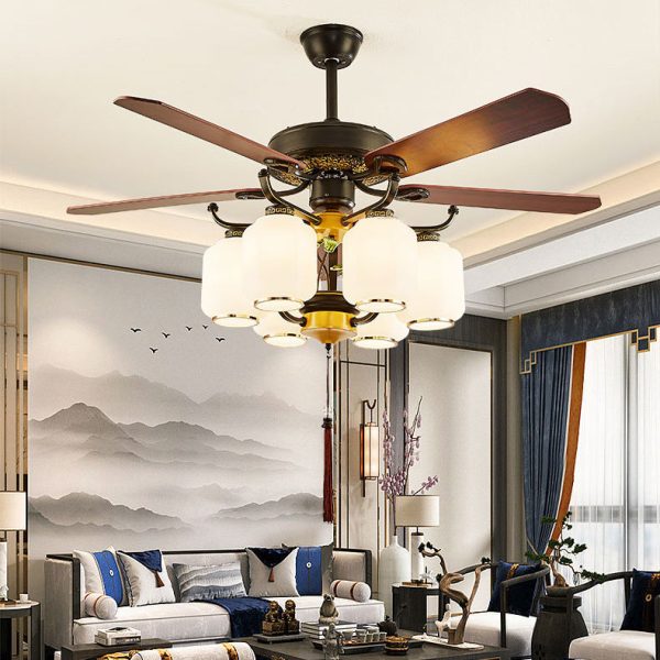 Traditional Chinese Round Lantern Iron Wood Fan Leaf Glass Shade 3/6 Light Downrod Ceiling Fan Light For Living Room - Image 3