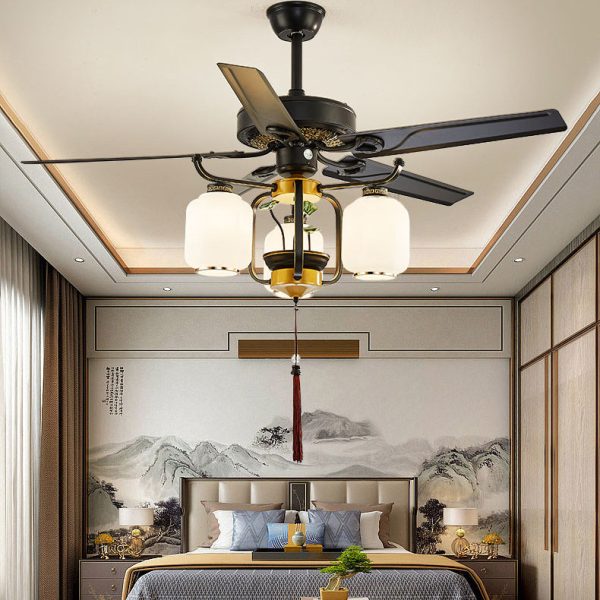 Traditional Chinese Round Lantern Iron Wood Fan Leaf Glass Shade 3/6 Light Downrod Ceiling Fan Light For Living Room - Image 11