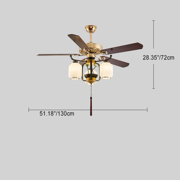 Traditional Chinese Round Lantern Iron Wood Fan Leaf Glass Shade 3/6 Light Downrod Ceiling Fan Light For Living Room - Image 5