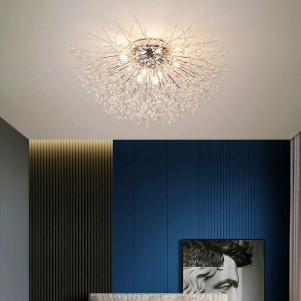 Contemporary Creative Branch Round Dandelion Shape Iron Crystal 4/5/6/8 Light Semi-Flush Mount Ceiling Light For Living Room - Image 9