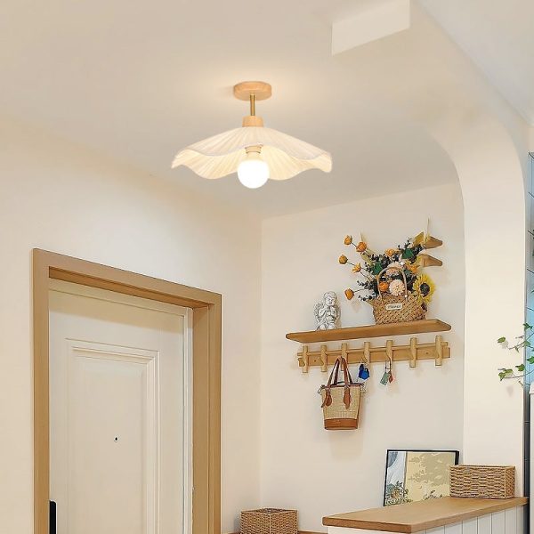 Modern Minimalist Round Flower Wooden Fabric Shade 1-Light Semi-Flush Mount Ceiling Light For Living Room - Image 3