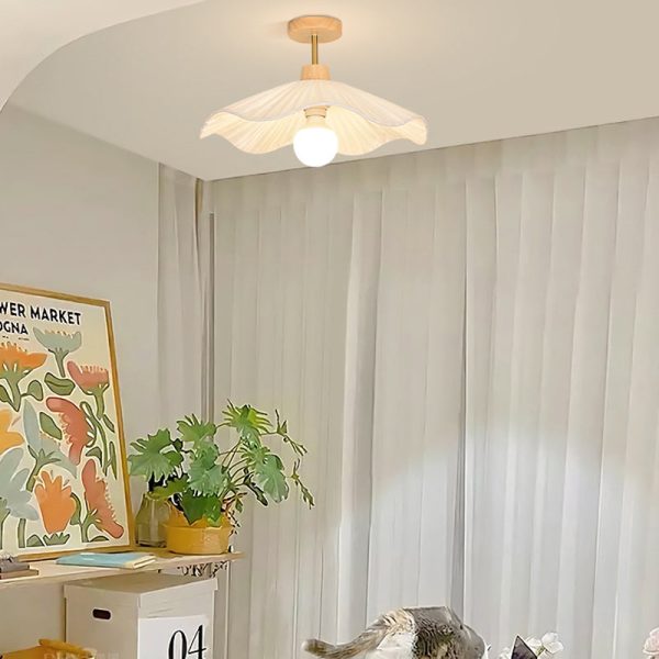 Modern Minimalist Round Flower Wooden Fabric Shade 1-Light Semi-Flush Mount Ceiling Light For Living Room - Image 12