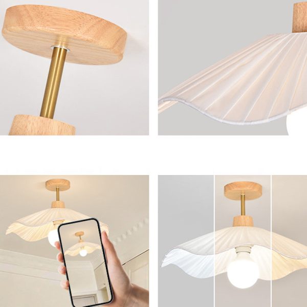 Modern Minimalist Round Flower Wooden Fabric Shade 1-Light Semi-Flush Mount Ceiling Light For Living Room - Image 7