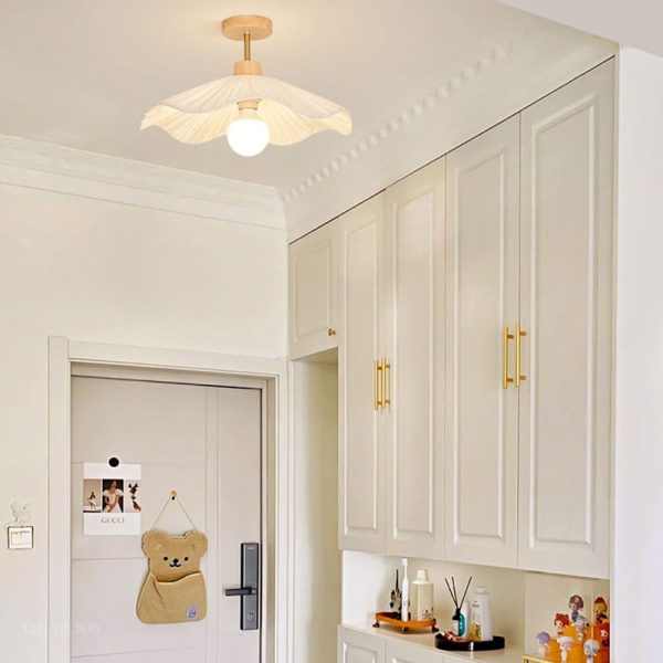 Modern Minimalist Round Flower Wooden Fabric Shade 1-Light Semi-Flush Mount Ceiling Light For Living Room - Image 2