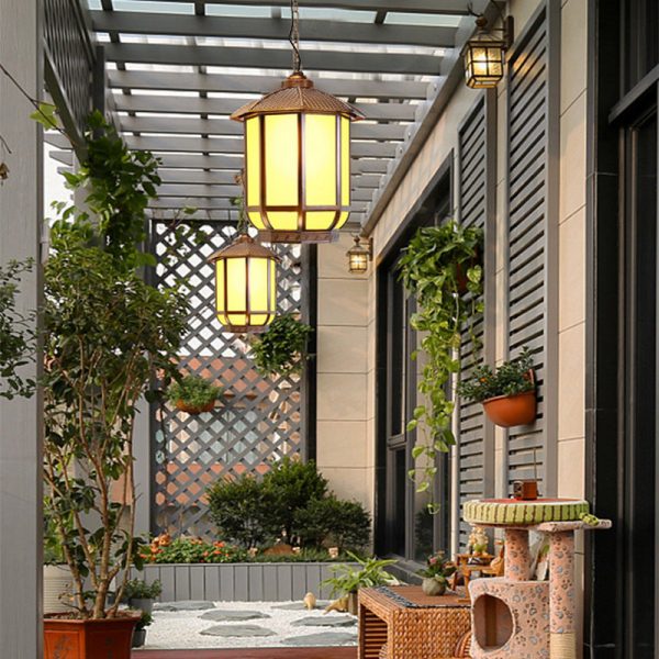 Traditional Chinese Round Lantern Aluminum Iron Glass 1-Light Pendant Light For Outdoor Patio - Image 12