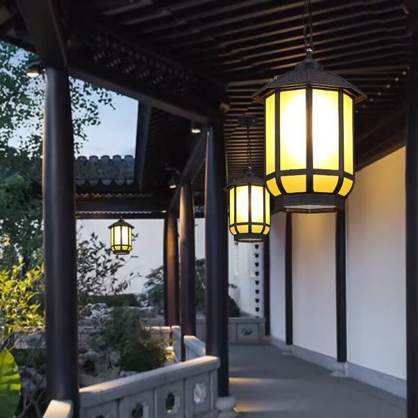 Traditional Chinese Round Lantern Aluminum Iron Glass 1-Light Pendant Light For Outdoor Patio - Image 11