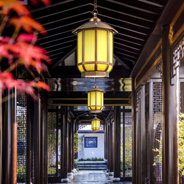 Traditional Chinese Round Lantern Aluminum Iron Glass 1-Light Pendant Light For Outdoor Patio - Image 3