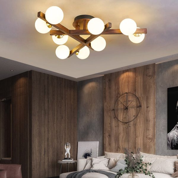 Traditional Chinese Long Round Ball Wooden Copper Frame Glass Shade 3/6/9 Light Semi-Flush Mount Ceiling Light For Living Room - Image 12