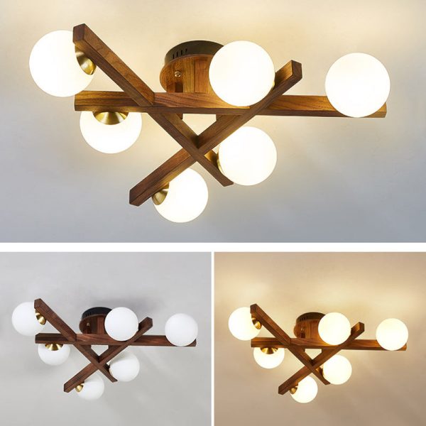 Traditional Chinese Long Round Ball Wooden Copper Frame Glass Shade 3/6/9 Light Semi-Flush Mount Ceiling Light For Living Room - Image 11