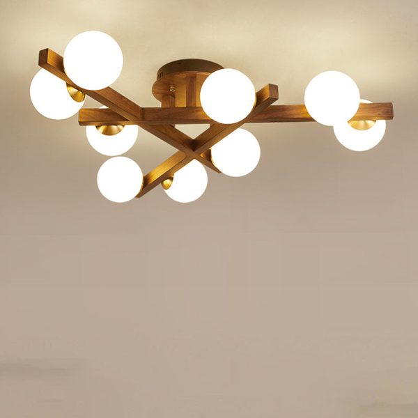 Traditional Chinese Long Round Ball Wooden Copper Frame Glass Shade 3/6/9 Light Semi-Flush Mount Ceiling Light For Living Room - Image 20