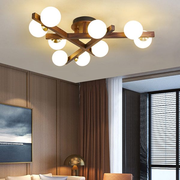 Traditional Chinese Long Round Ball Wooden Copper Frame Glass Shade 3/6/9 Light Semi-Flush Mount Ceiling Light For Living Room - Image 2