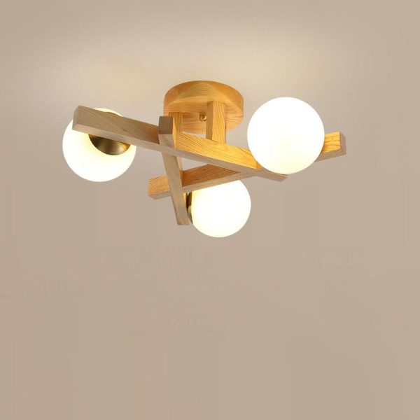 Traditional Chinese Long Round Ball Wooden Copper Frame Glass Shade 3/6/9 Light Semi-Flush Mount Ceiling Light For Living Room - Image 21