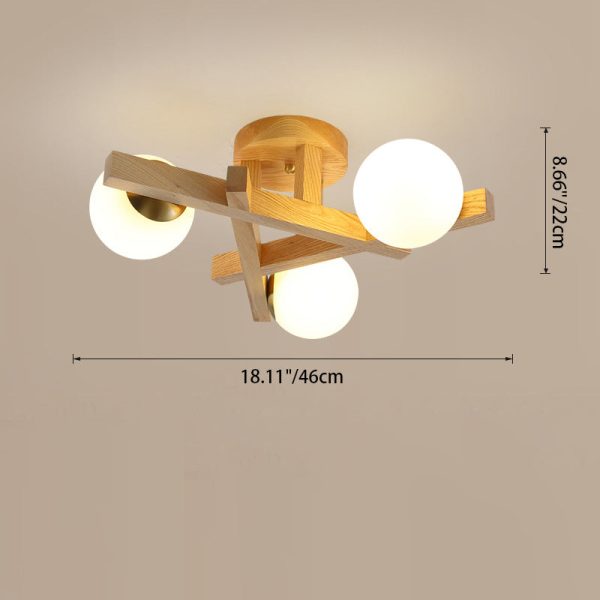 Traditional Chinese Long Round Ball Wooden Copper Frame Glass Shade 3/6/9 Light Semi-Flush Mount Ceiling Light For Living Room - Image 4