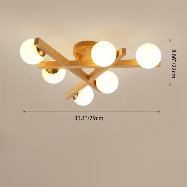 Traditional Chinese Long Round Ball Wooden Copper Frame Glass Shade 3/6/9 Light Semi-Flush Mount Ceiling Light For Living Room - Image 5
