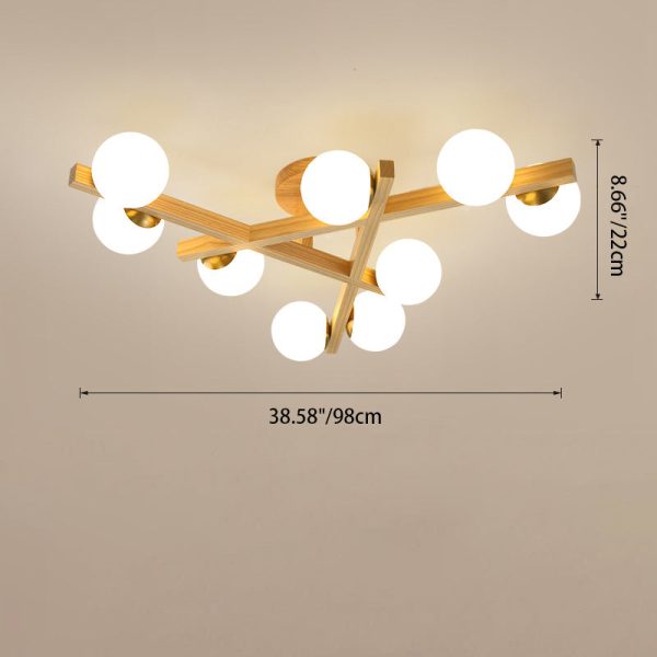 Traditional Chinese Long Round Ball Wooden Copper Frame Glass Shade 3/6/9 Light Semi-Flush Mount Ceiling Light For Living Room - Image 6